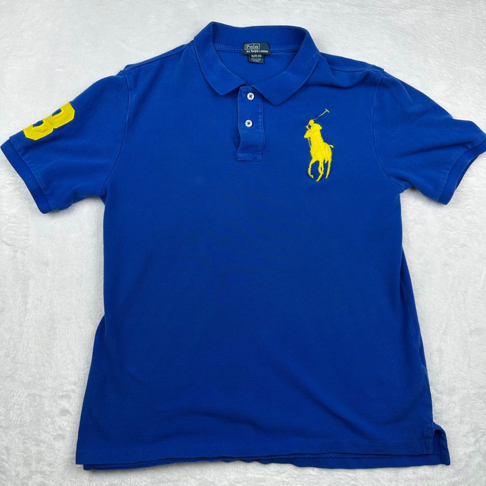 Polo Ralph Lauren Kids XL 18-20 Blue Yellow Big Pony Rugby Short Sleeve Shirt